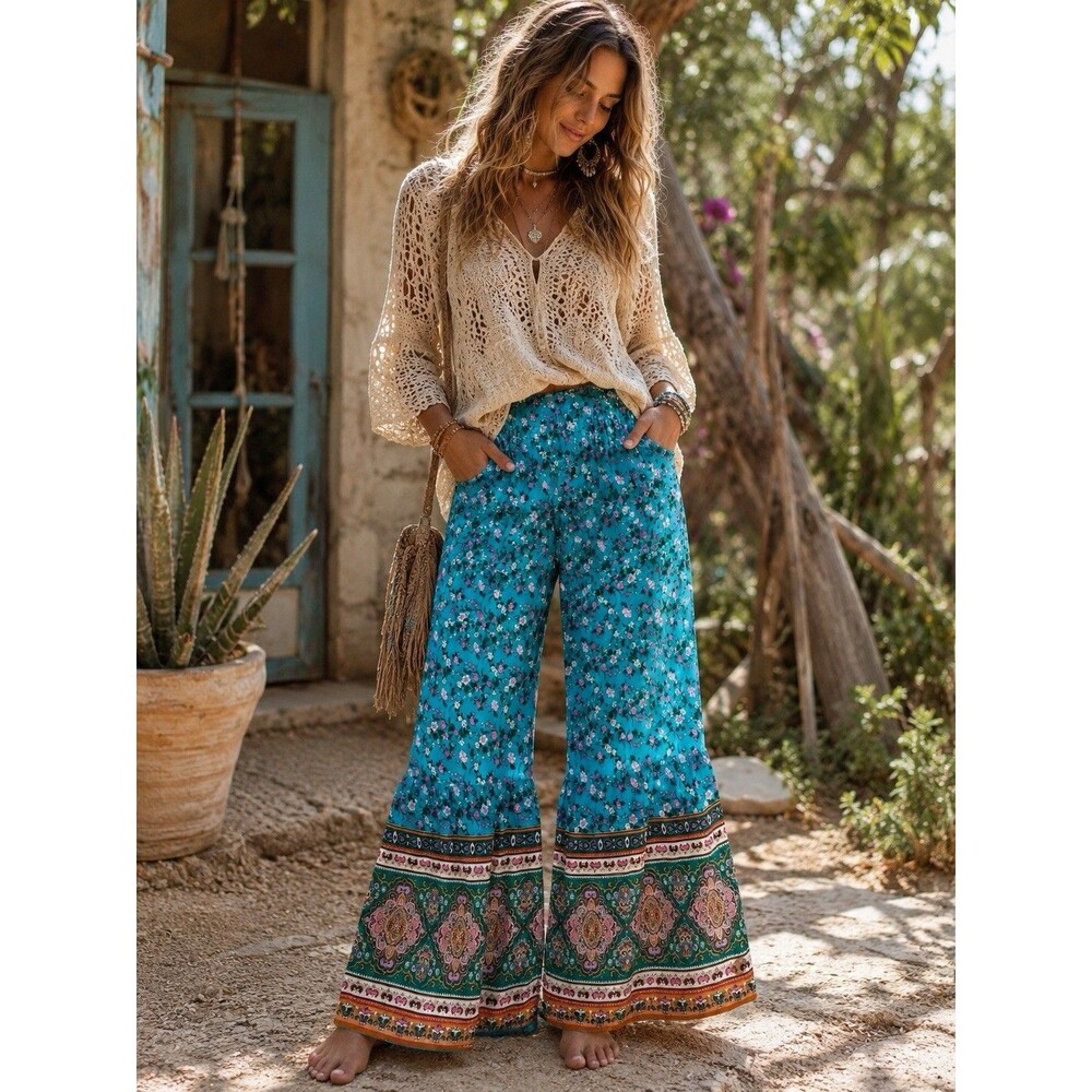 Umgee Palazzo Wide Leg Pants Women’s M Boho Festival Cottage Floral Turquoise